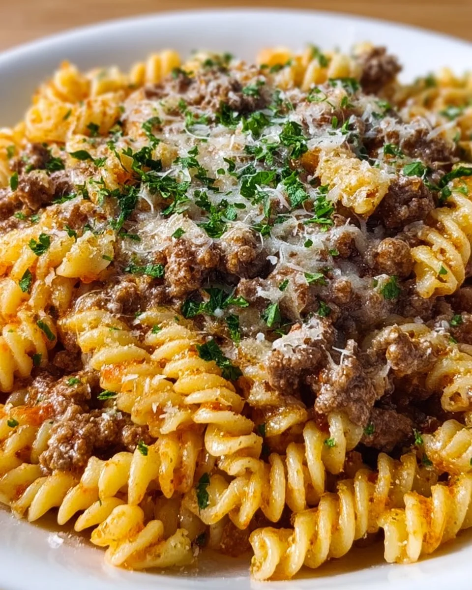 Delicious Beef and Rotini in Garlic Parmesan Sauce served in a bowl