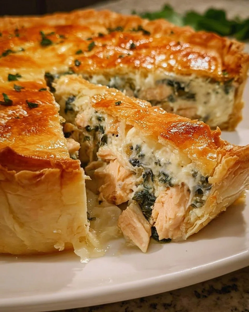 Delicious chicken spinach pie with flaky crust and creamy filling