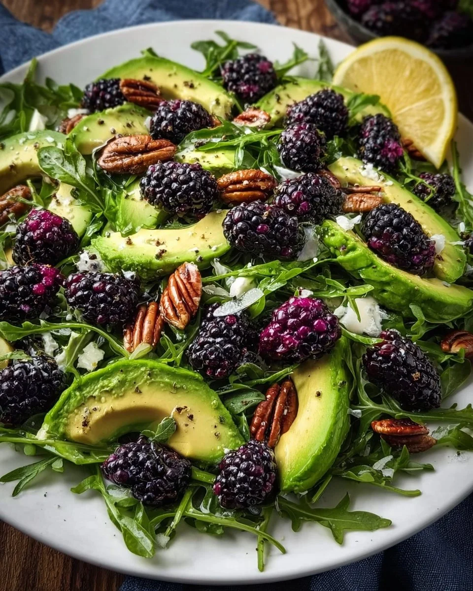 Colorful Blackberry Avocado Salad with arugula and vibrant dressing