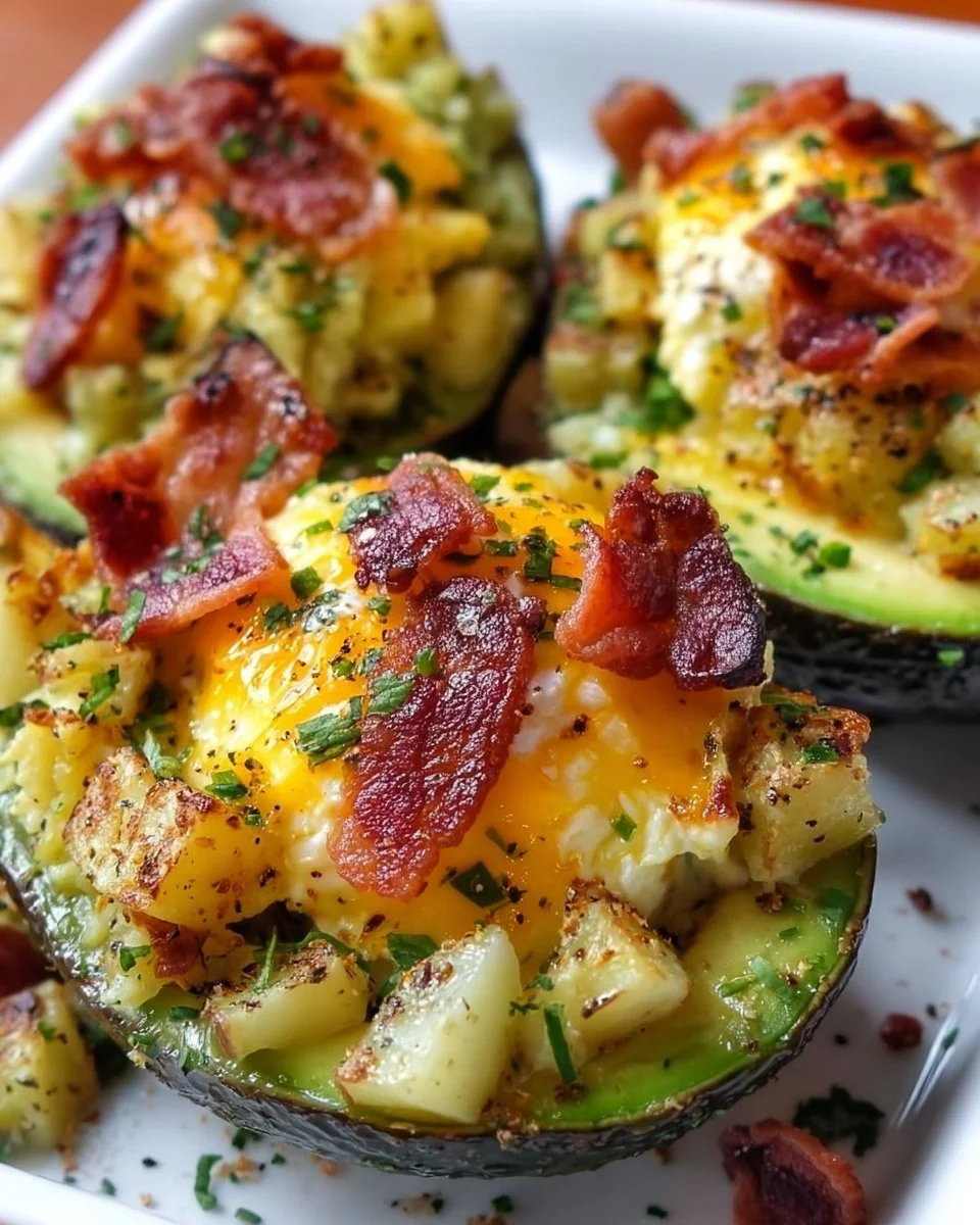 Breakfast stuffed avocados filled with eggs, veggies, and toppings for a healthy meal