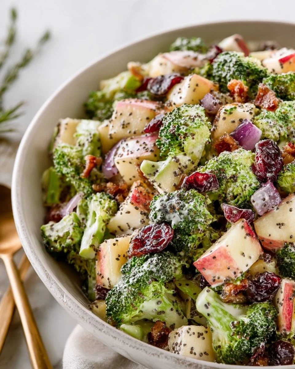 Fresh Broccoli Apple Salad with nuts and dressing served in a bowl