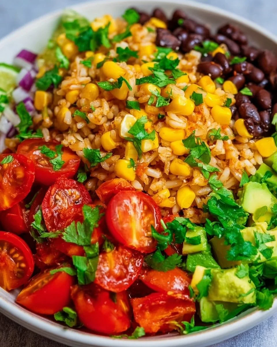 Colorful burrito bowl salad with fresh vegetables, beans, and toppings