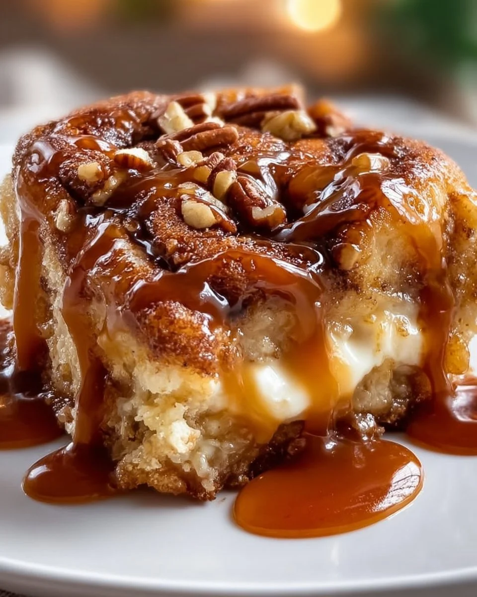 Caramel Apple Cinnamon Roll Dump Cake garnished with apple slices and caramel drizzle