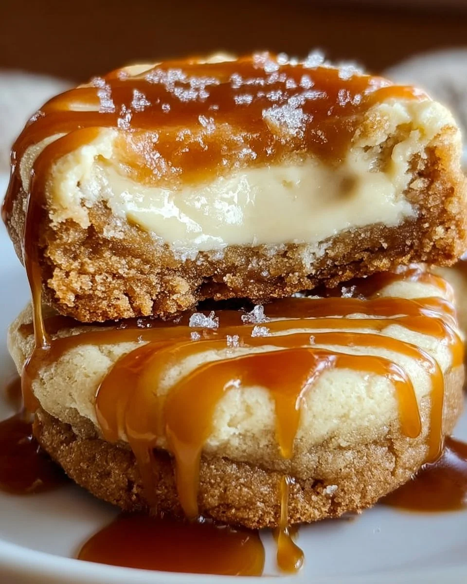 Delicious caramel cheesecake cookies topped with caramel drizzle