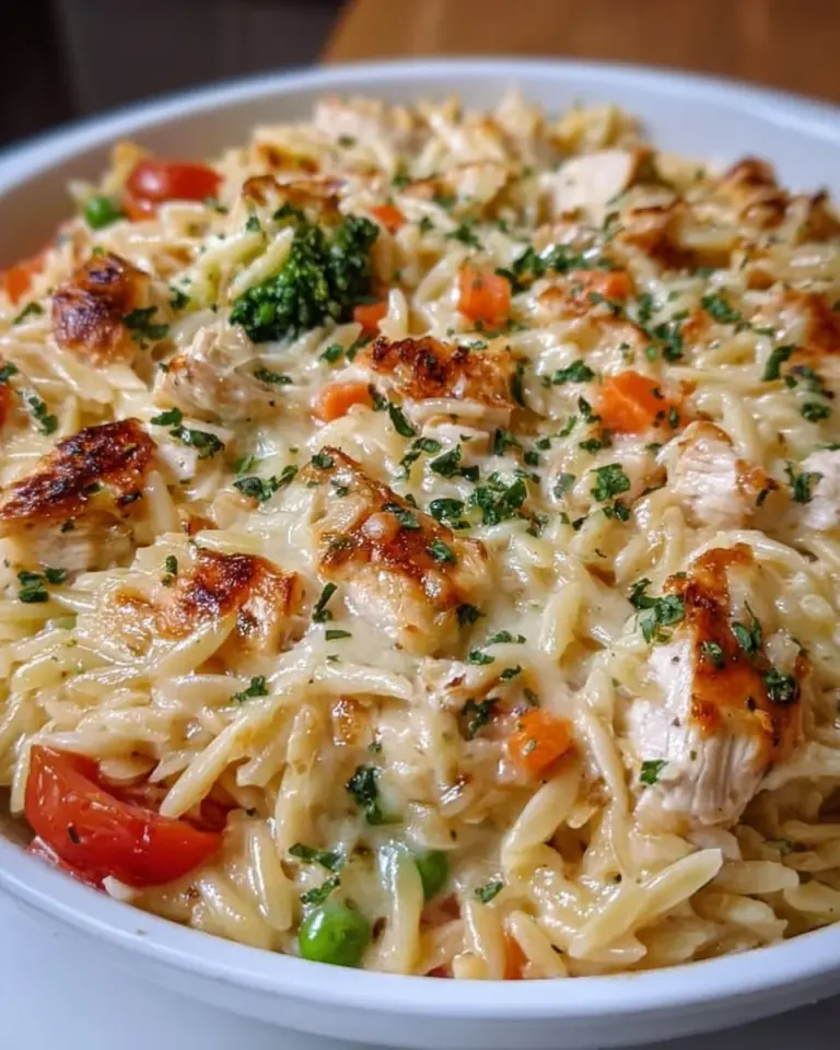 Delicious cheesy chicken orzo casserole served in a baking dish