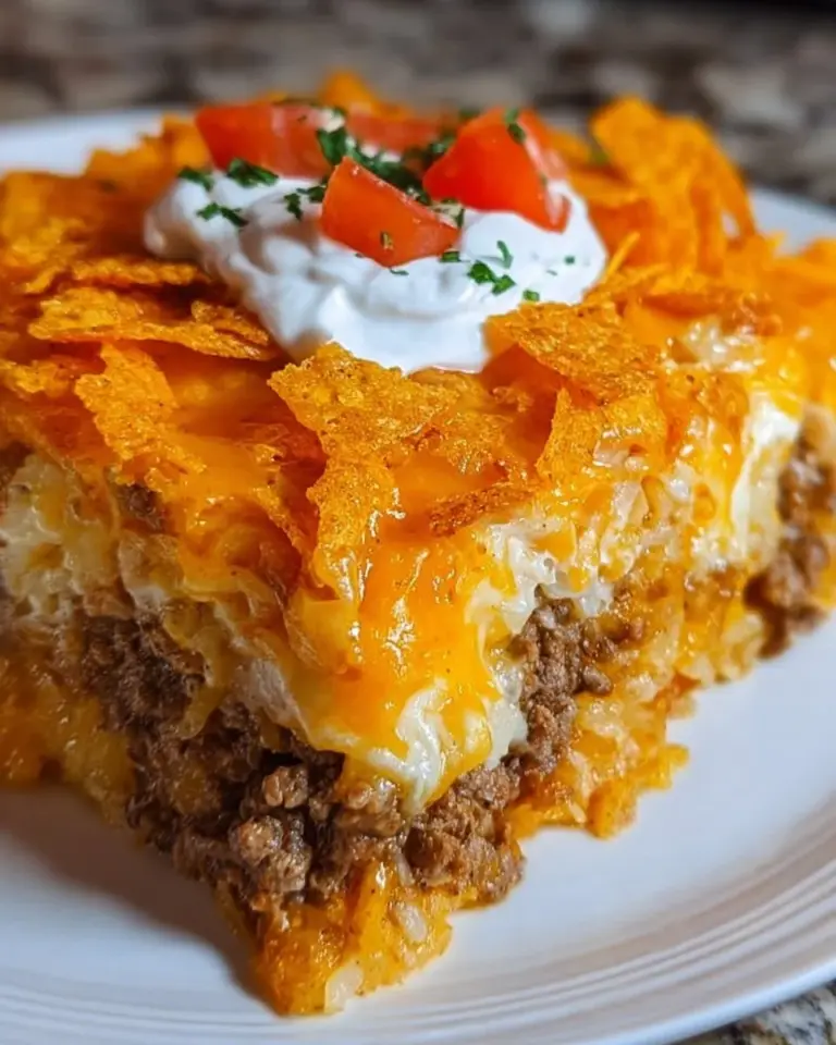 Delicious Cheesy Hashbrown Dorito Casserole served in a baking dish