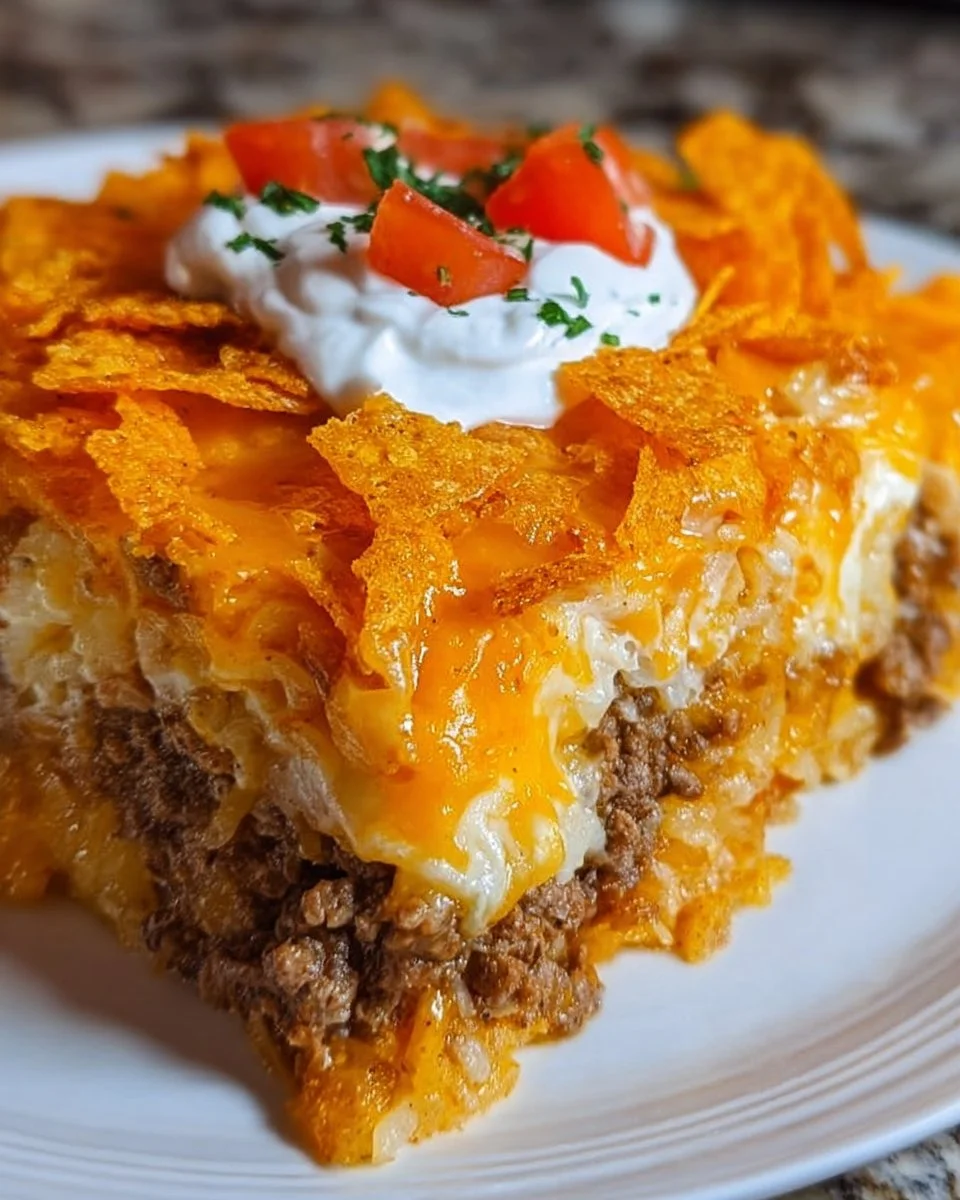 Delicious Cheesy Hashbrown Dorito Casserole served in a baking dish