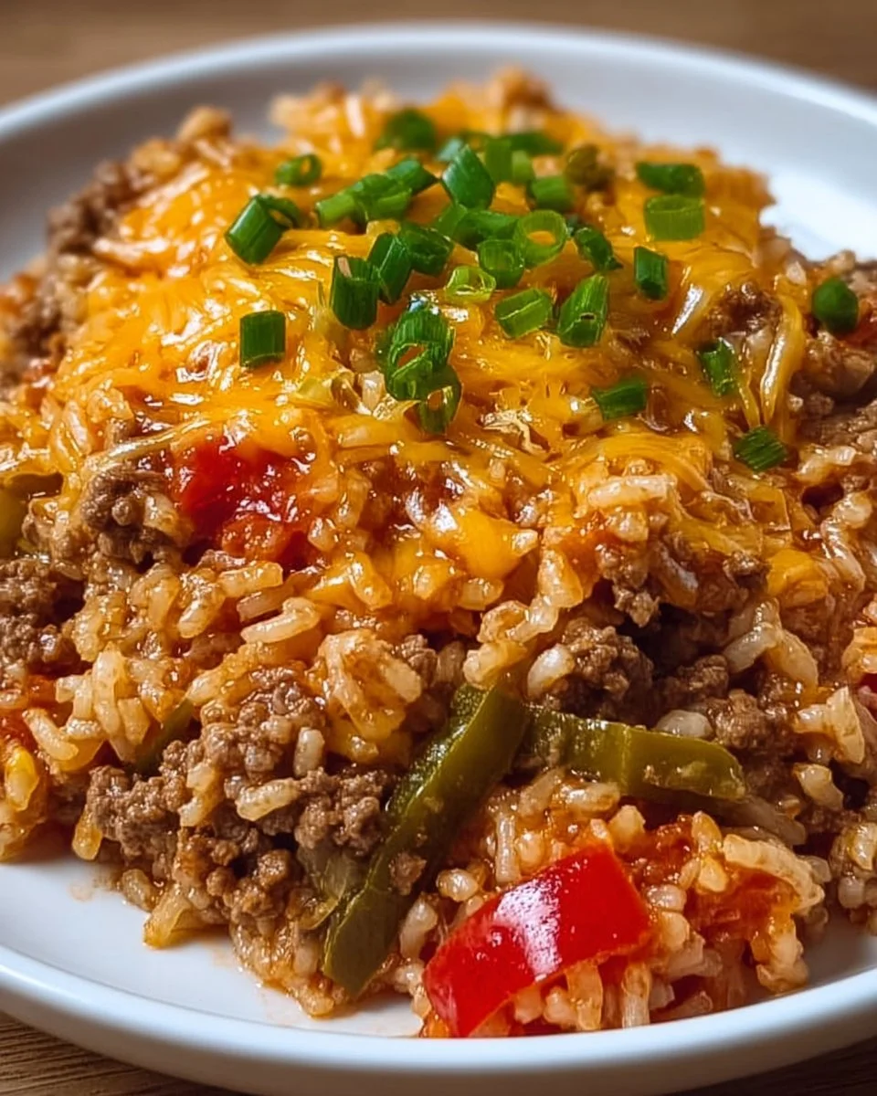 Cheesy taco beef and rice dish served in a bowl