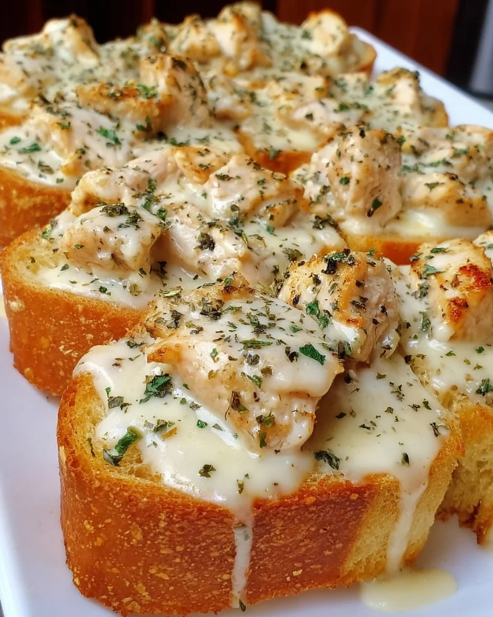 Delicious Chicken Alfredo Garlic Toast served with a creamy sauce and parsley garnish.
