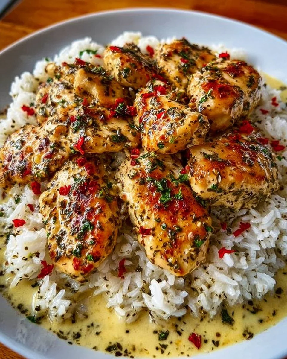 Delicious Chicken Scampi served with creamy garlic parmesan rice