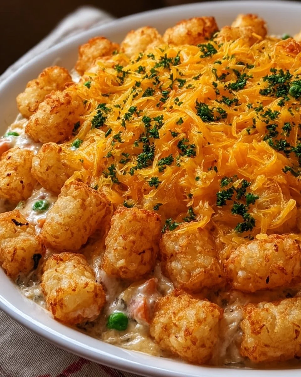 Delicious Chicken Tater Tot Casserole topped with golden crispy tater tots.