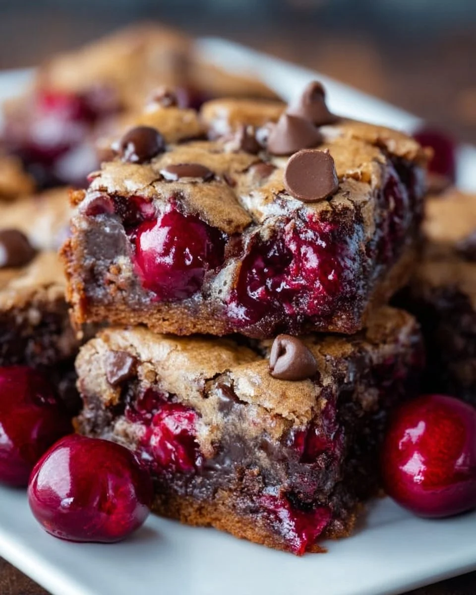Decadent chocolate cherry dessert squares on a plate with fresh cherries.