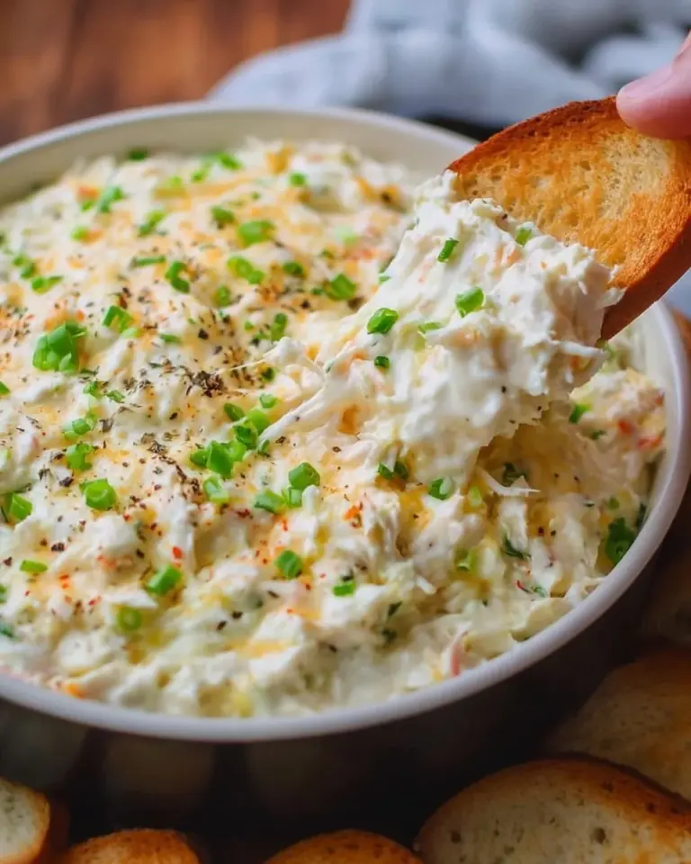 Delicious crab dip served in a bowl with fresh herbs and crackers