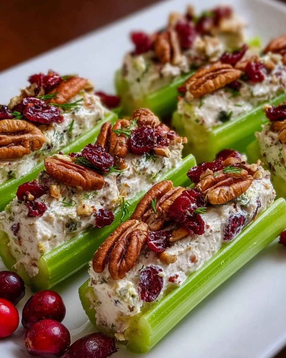 Cranberry pecan cream cheese stuffed celery on a serving platter