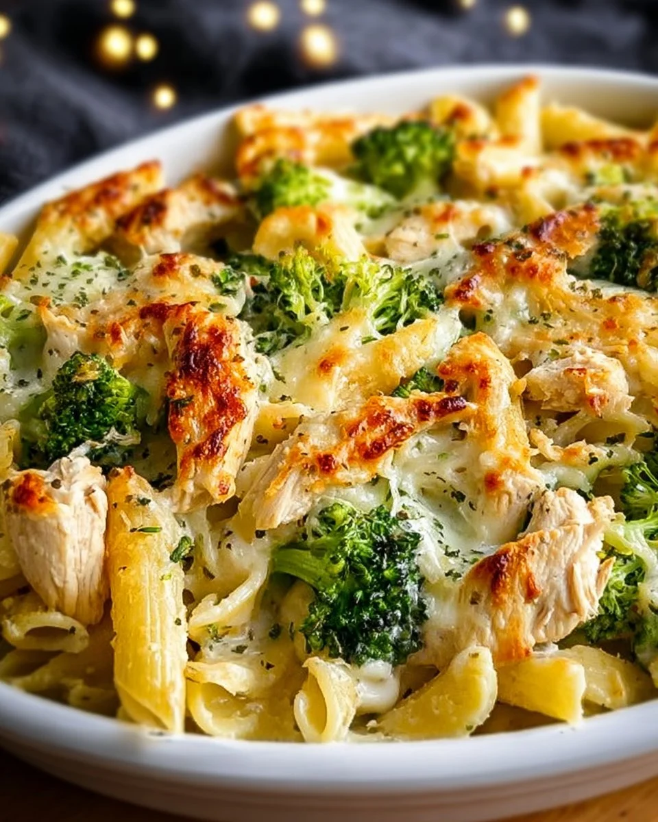 Creamy Chicken Alfredo Bake with Broccoli in a casserole dish