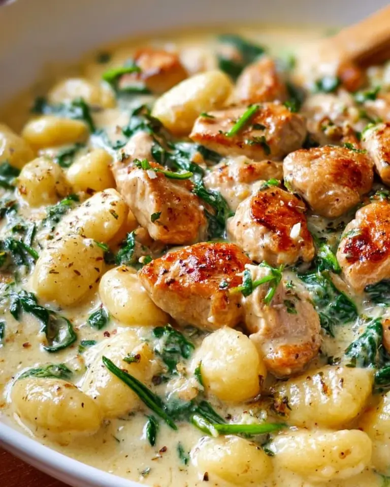 Creamy chicken gnocchi served in a white bowl with garnished parsley.