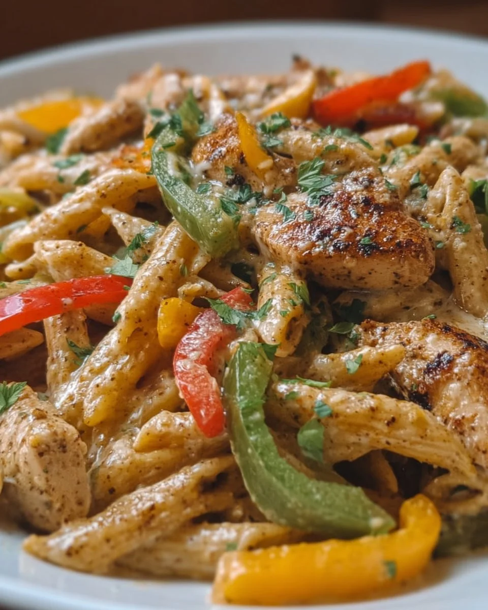 Creamy jerk chicken rasta pasta garnished with herbs and spices for a bold flavor