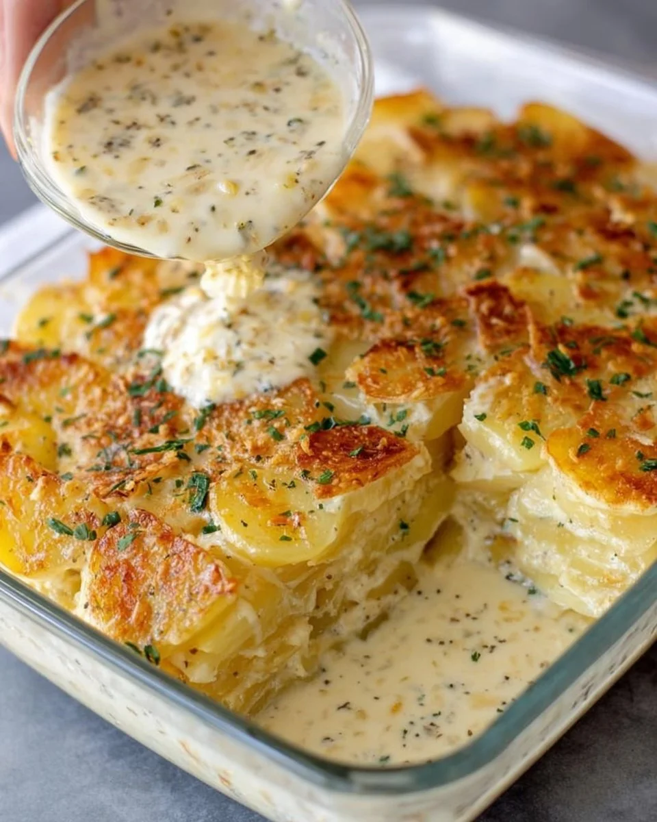 Creamy potatoes casserole served in a baking dish with cheese on top