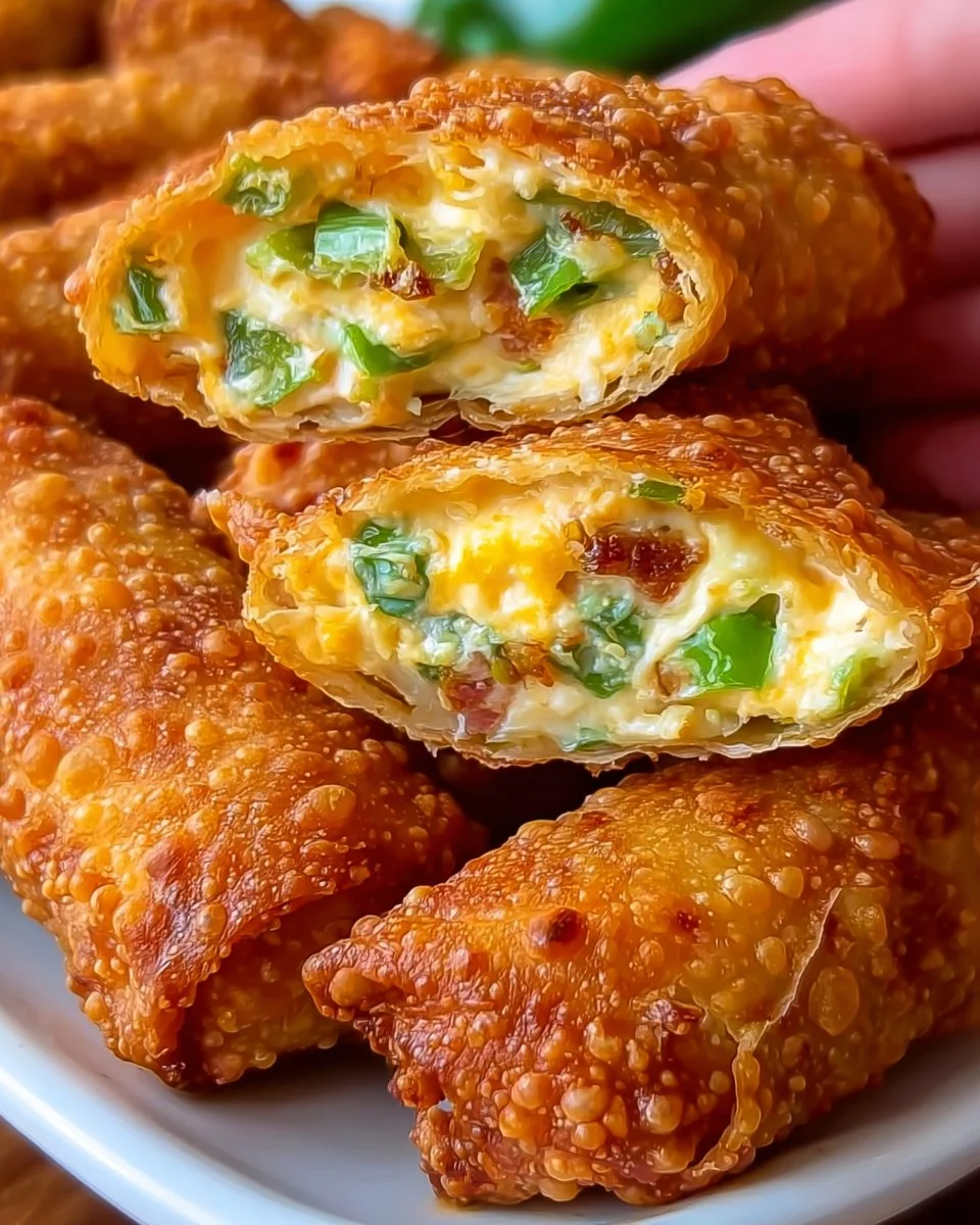 Crispy jalapeño popper egg rolls with cheesy filling on a plate