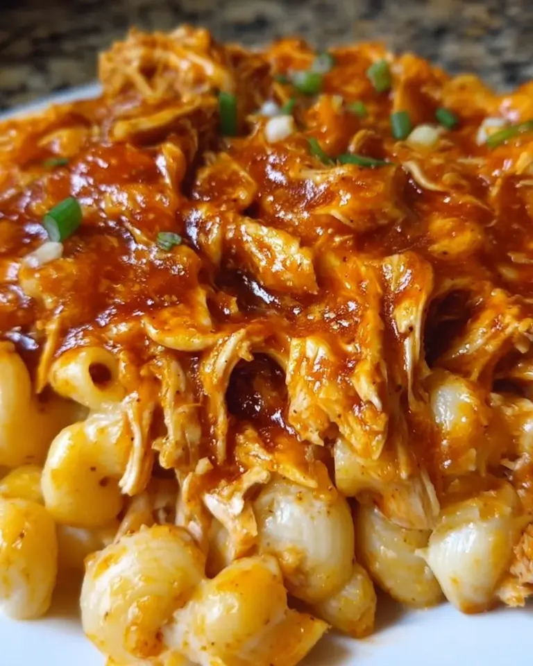 Delicious Crockpot BBQ Chicken Mac & Cheese in a creamy sauce