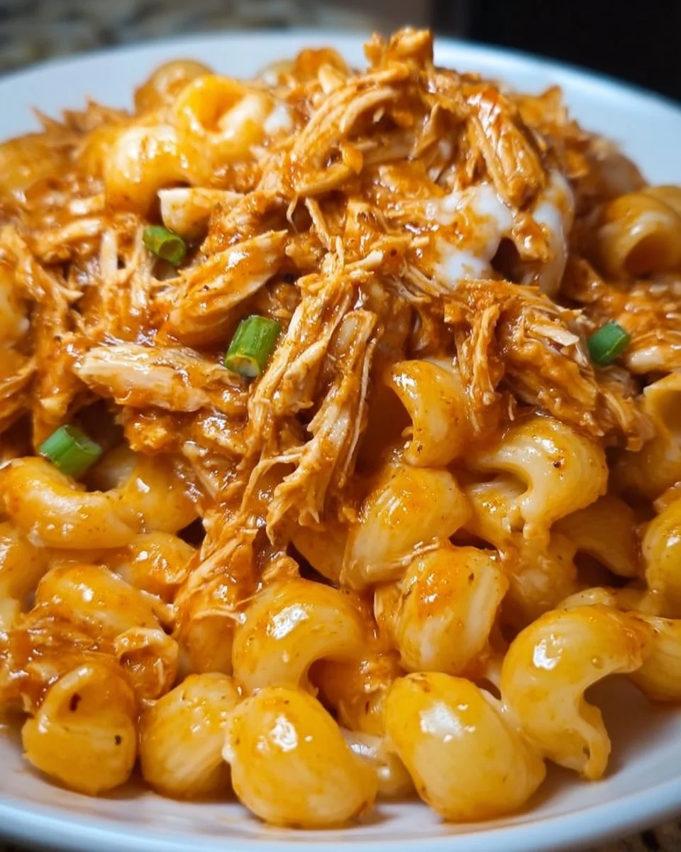 Crockpot BBQ Chicken Mac & Cheese served in a rustic dish