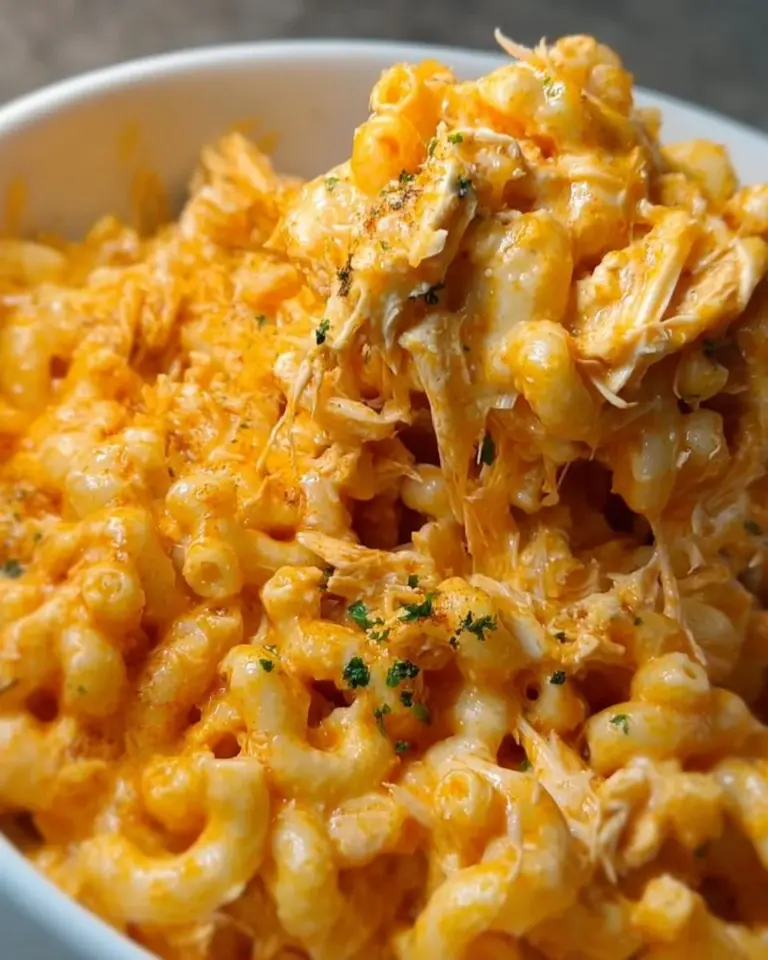Crockpot Buffalo Chicken Mac & Cheese served in a bowl with garnishes.