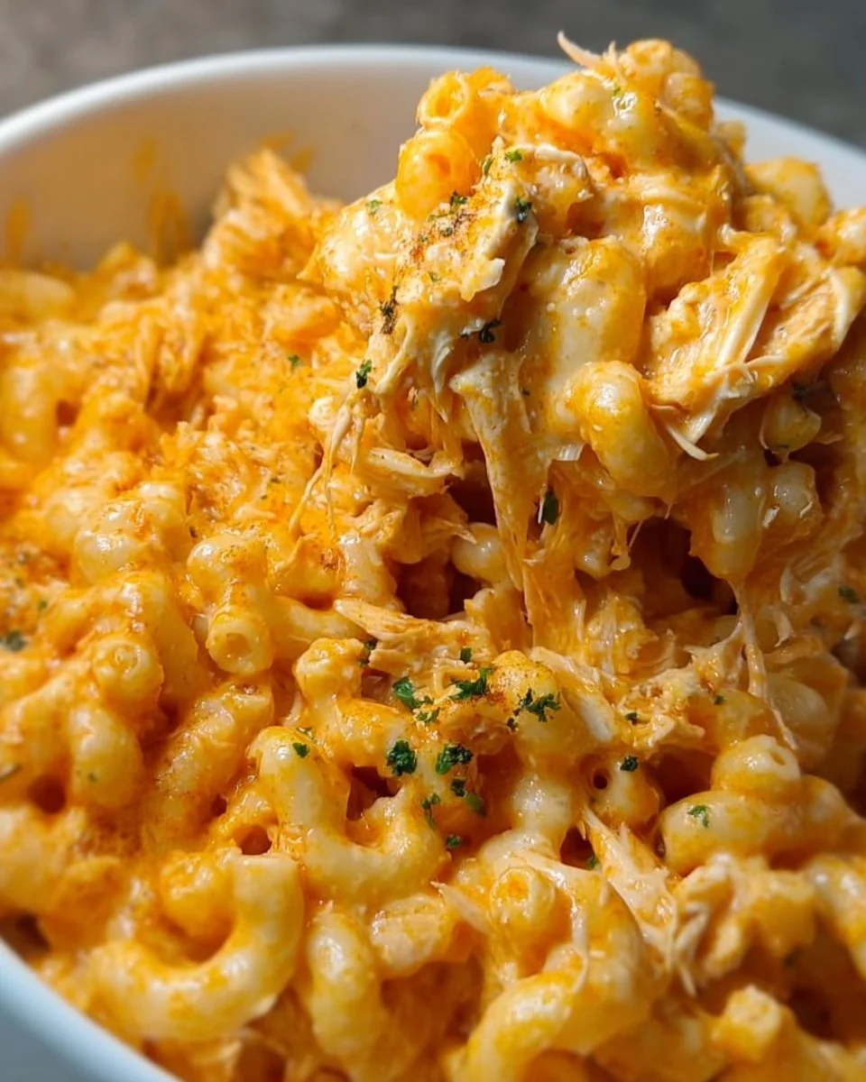 Crockpot Buffalo Chicken Mac & Cheese served in a bowl with garnishes.