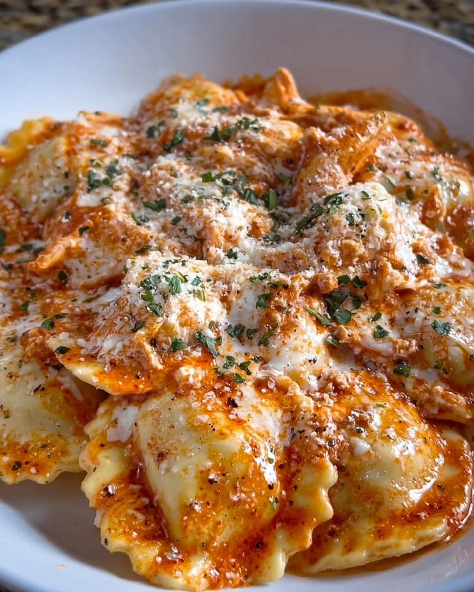 Delicious Crockpot Million Dollar Ravioli served with marinara sauce.