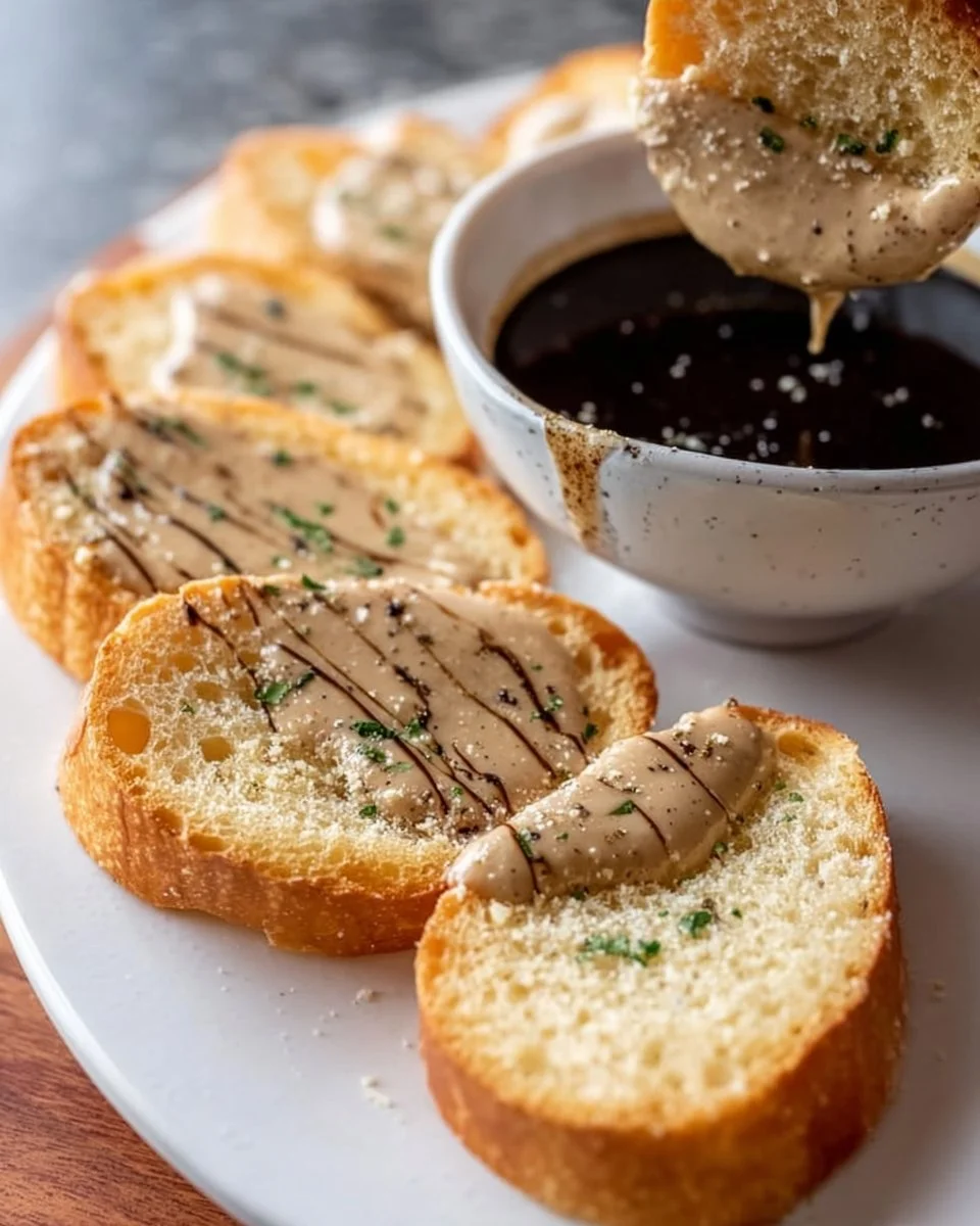 A bowl of easy balsamic bread dip garnished with herbs and served with crusty bread.