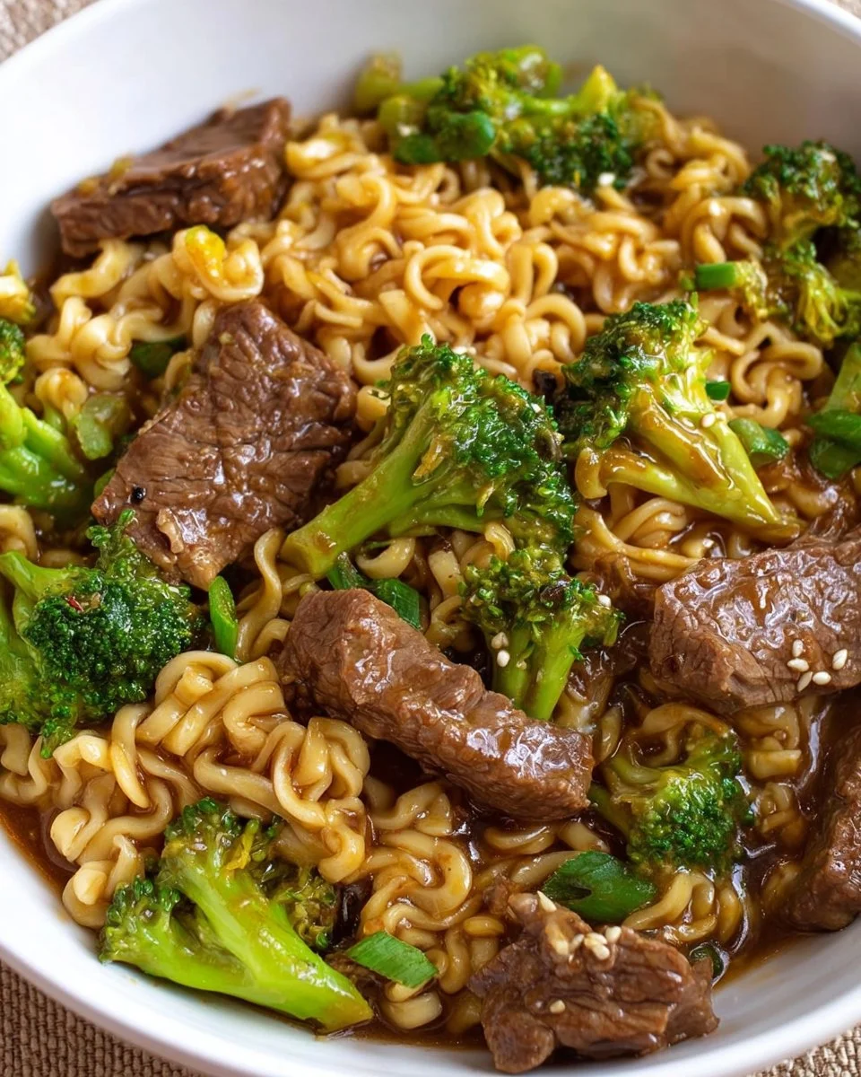Easy beef and broccoli ramen stir fry served in a bowl