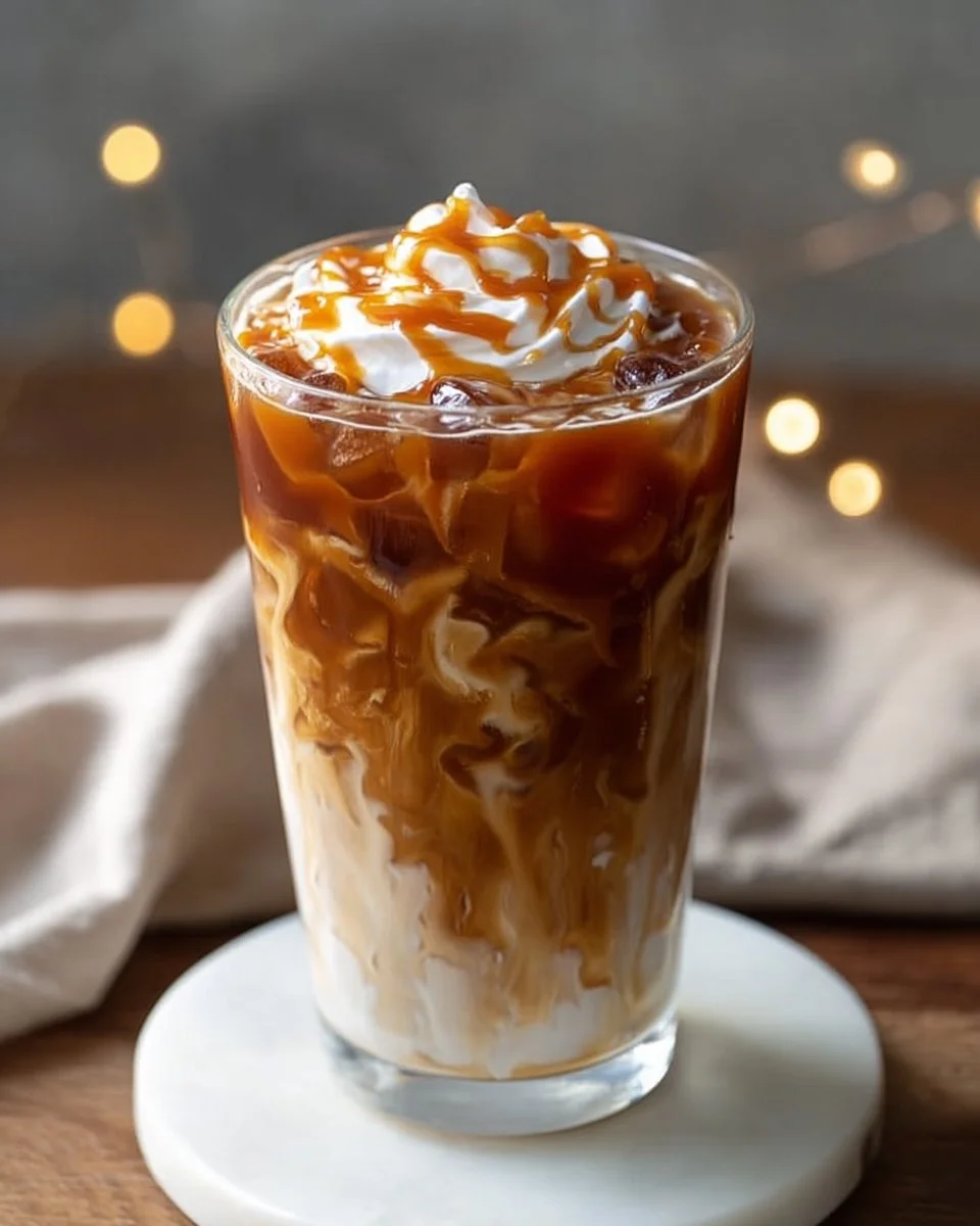 Cup of easy caramel iced coffee topped with whipped cream and caramel drizzle