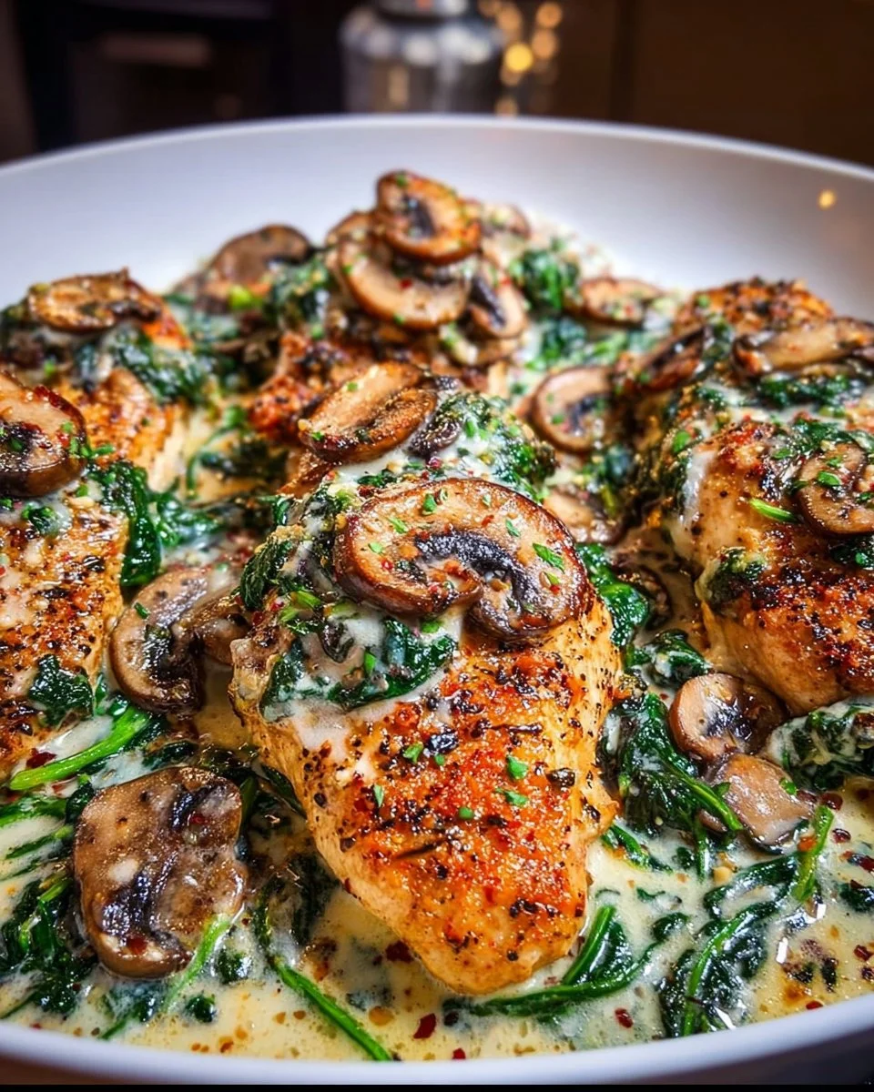 Delicious spinach chicken parmesan topped with melted cheese and fresh spinach