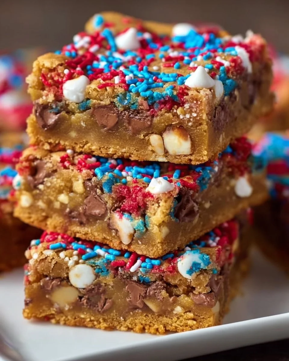 Colorful Fireworks Blondies topped with sprinkles and chocolate chips