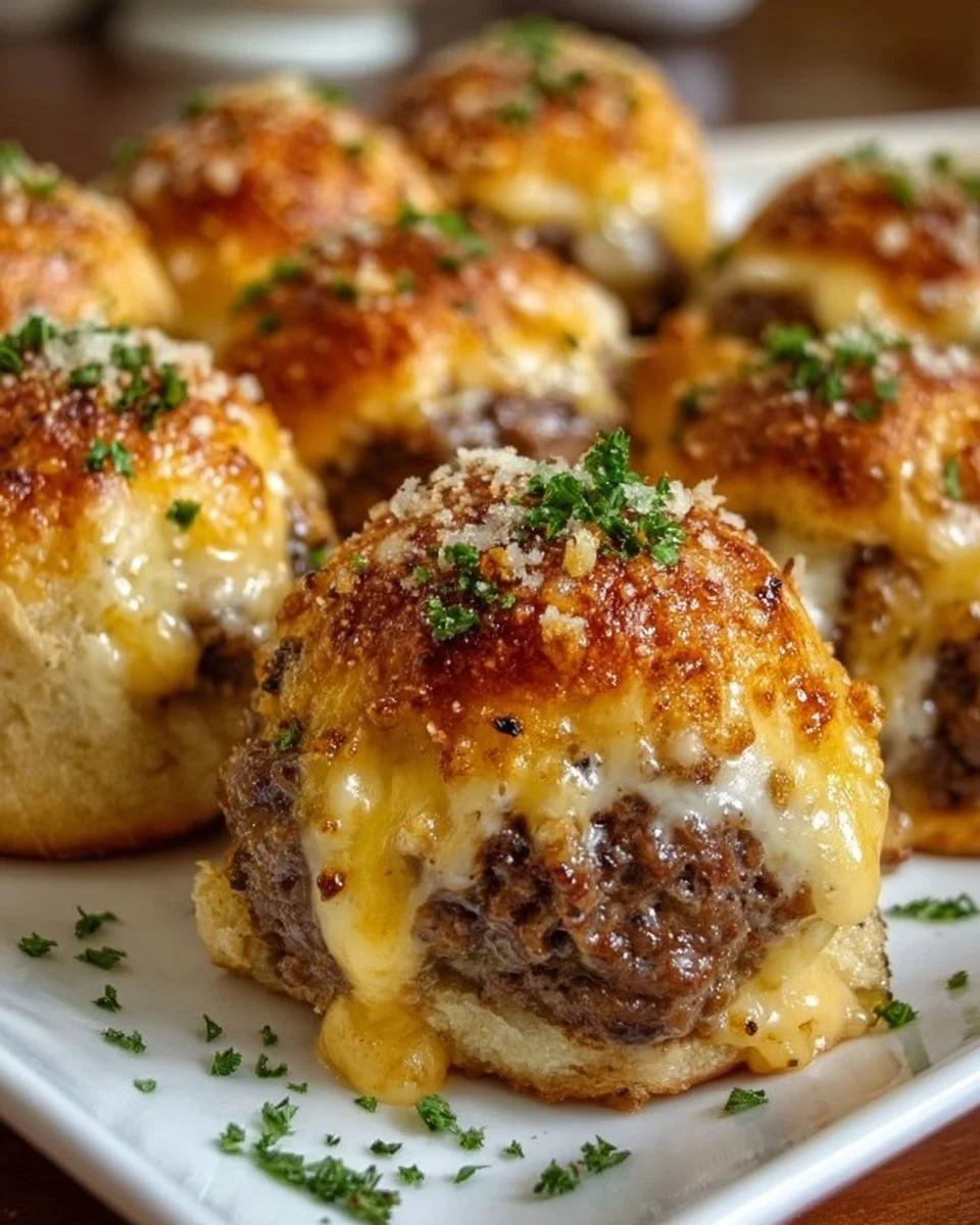 Garlic Parmesan Cheeseburger Bombs served on a platter