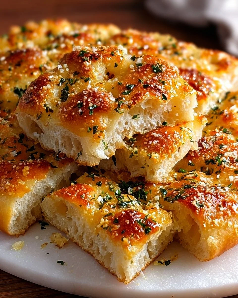 Freshly baked Garlic Parmesan Focaccia Bread topped with herbs and cheese.