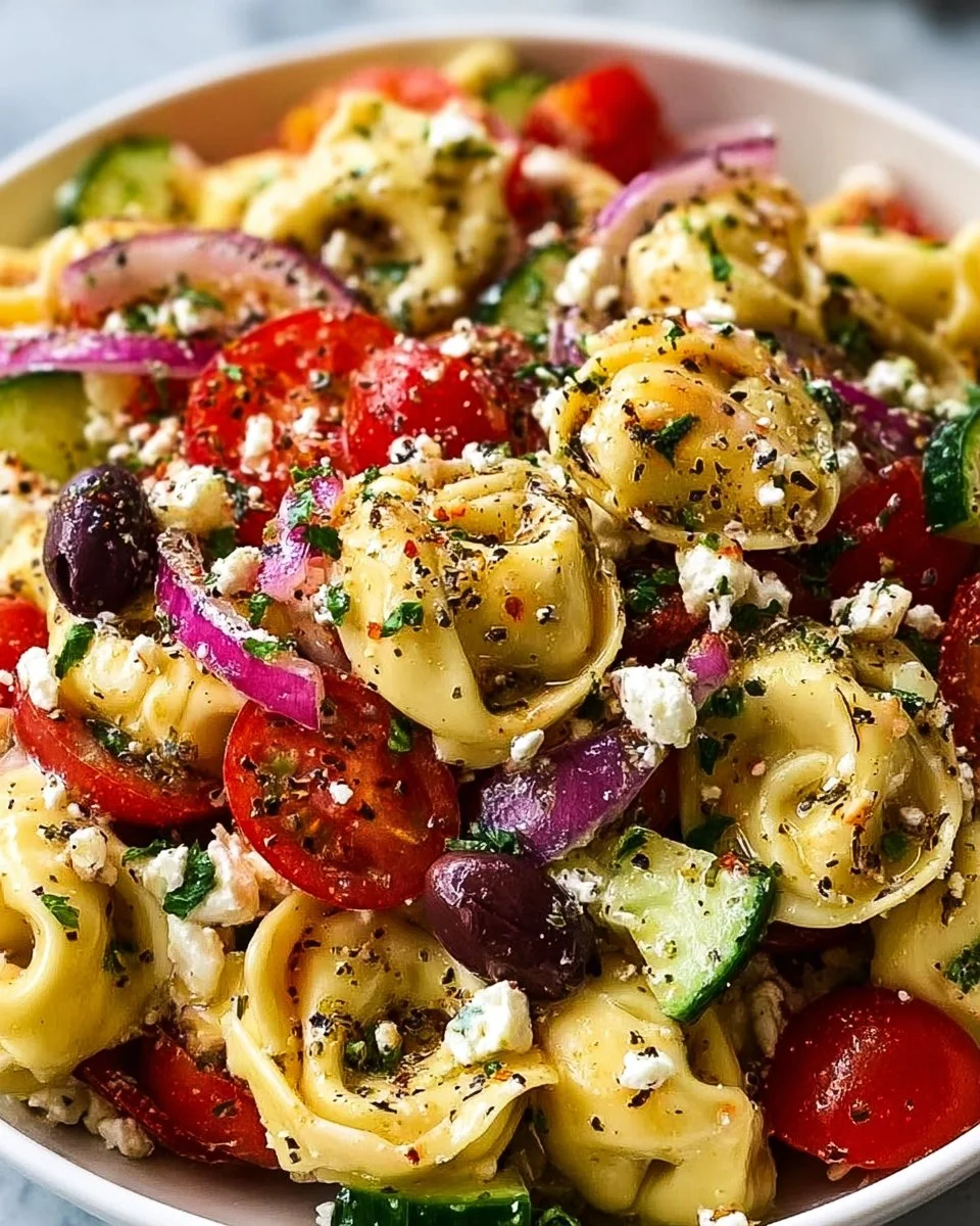 Greek Tortellini Pasta Salad with fresh vegetables and dressing