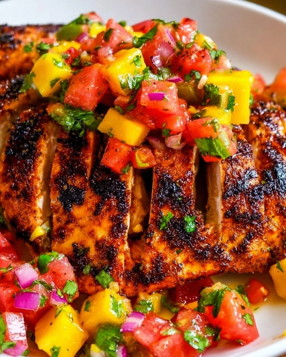 Grilled chicken served with fresh watermelon mango salsa