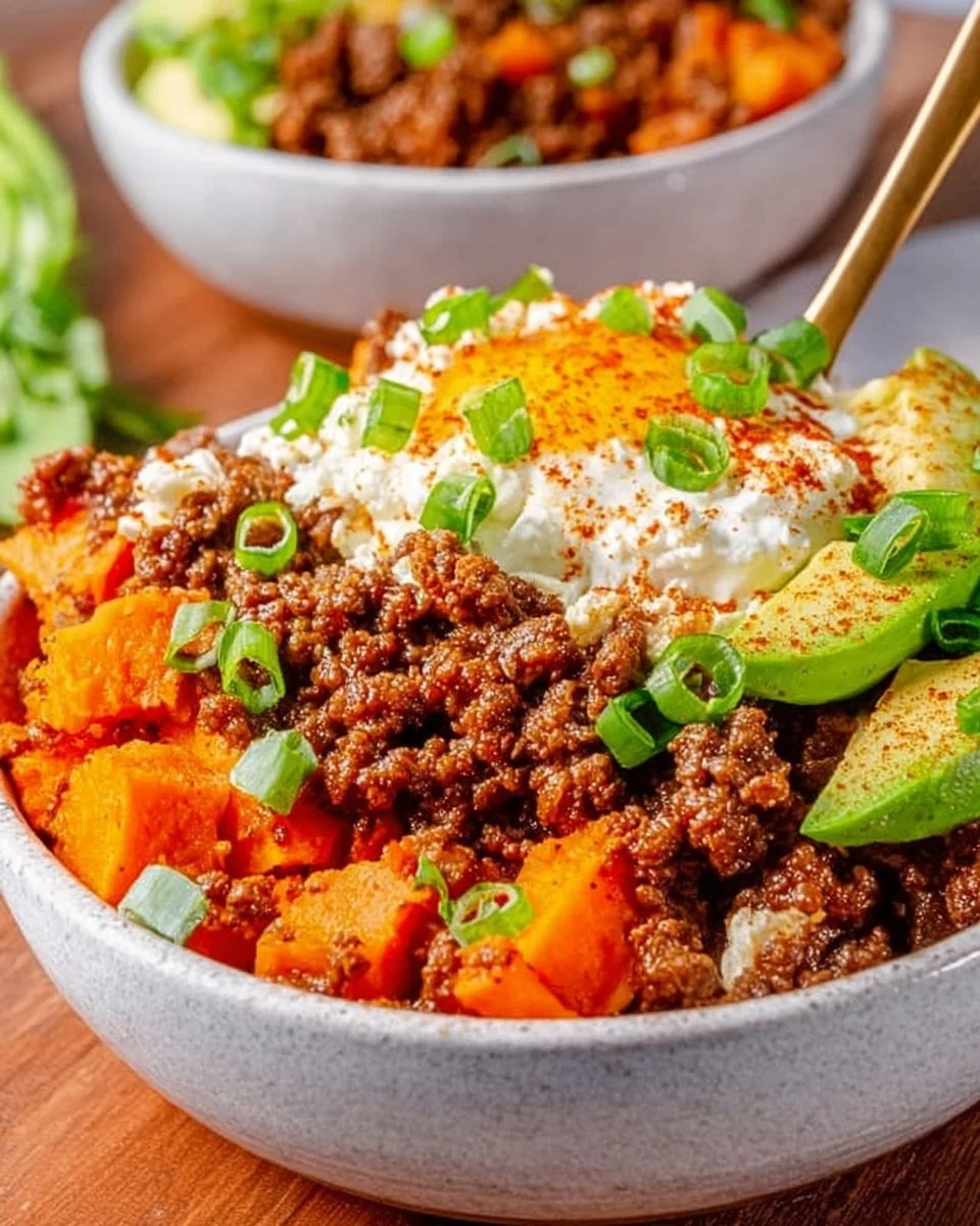 Ground Beef and Sweet Potato Cottage Cheese Bowl with fresh ingredients