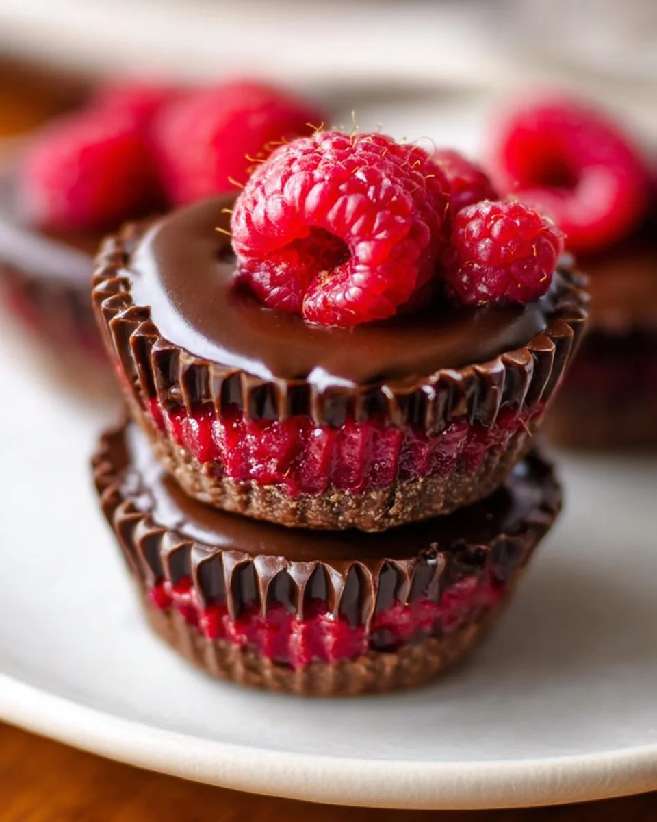 Healthy chocolate raspberry cups topped with fresh raspberries and dark chocolate