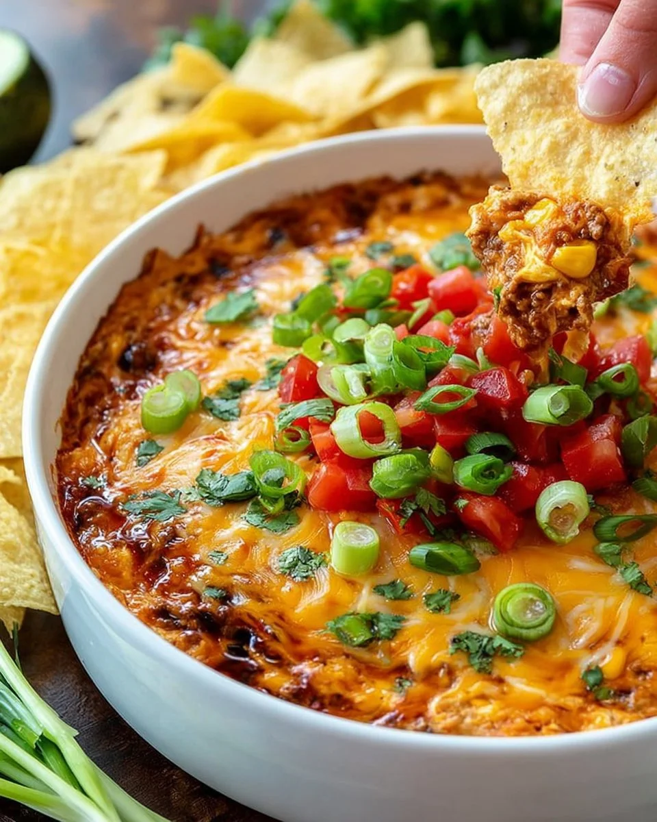 Hearty crockpot taco dip served in a bowl with tortilla chips