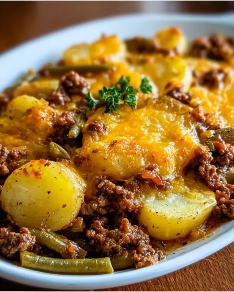Hearty Hobo Casserole with ground beef and potatoes served in a baking dish