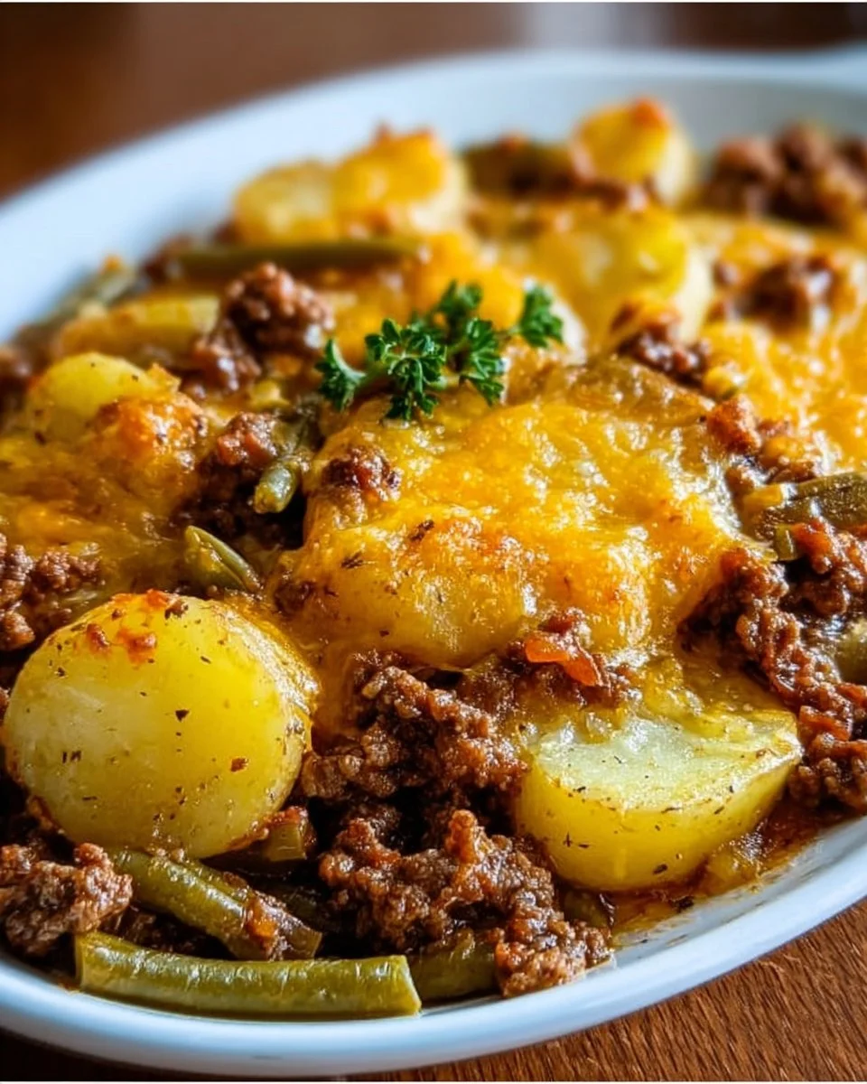 Hearty Hobo Casserole with ground beef and potatoes served in a baking dish