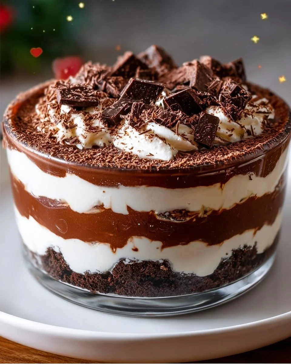 Heavenly chocolate cheesecake trifle layered dessert with rich chocolate and cream.