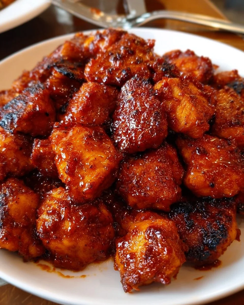 Delicious high protein BBQ chicken bites on a serving platter.