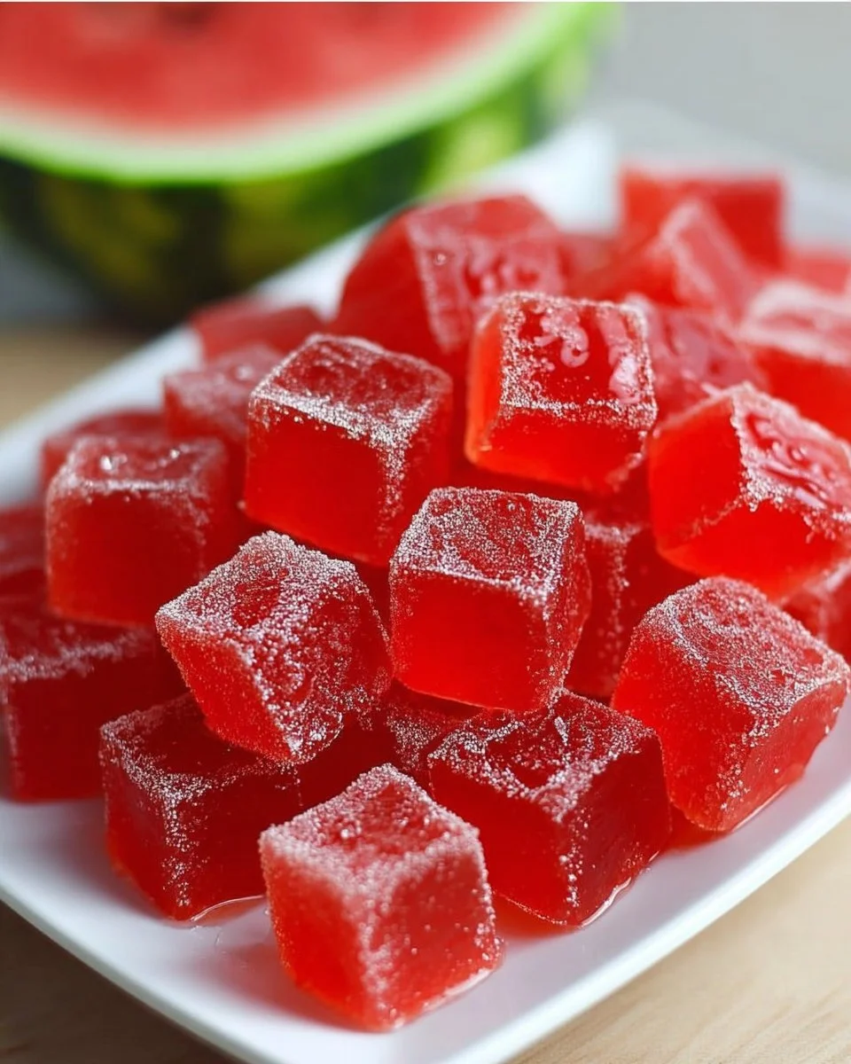 Homemade healthy watermelon gummies on a plate