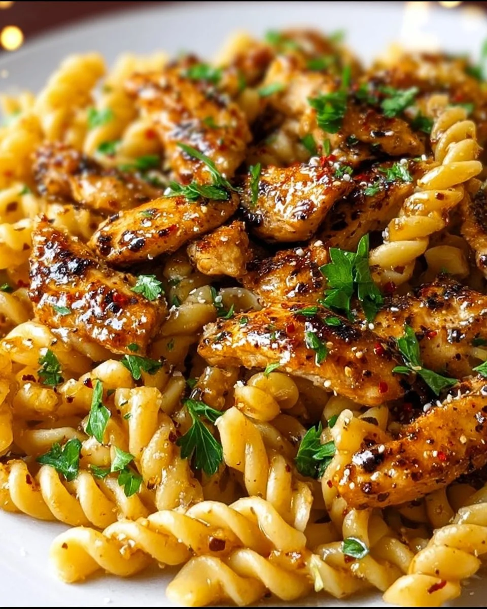 Delicious Honey Pepper Chicken Pasta garnished with herbs in a bowl.