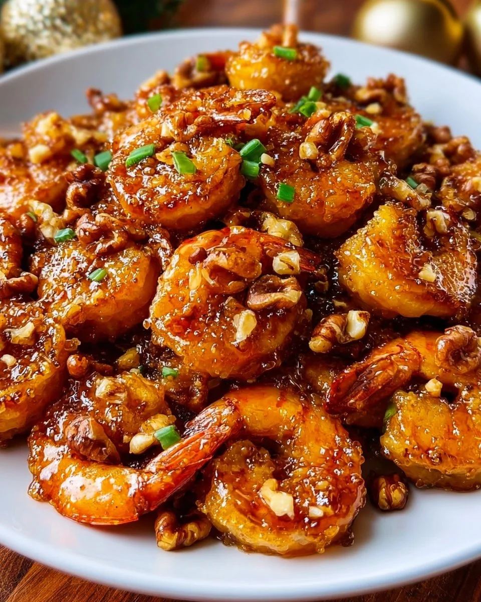 Plate of Honey Walnut Shrimp with walnuts and creamy sauce