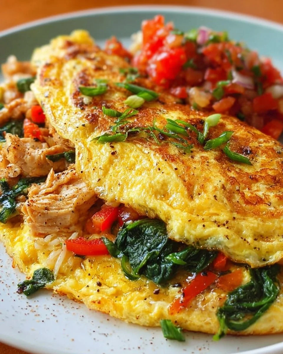 Juicy chicken and spinach omelette on a plate with fresh herbs.