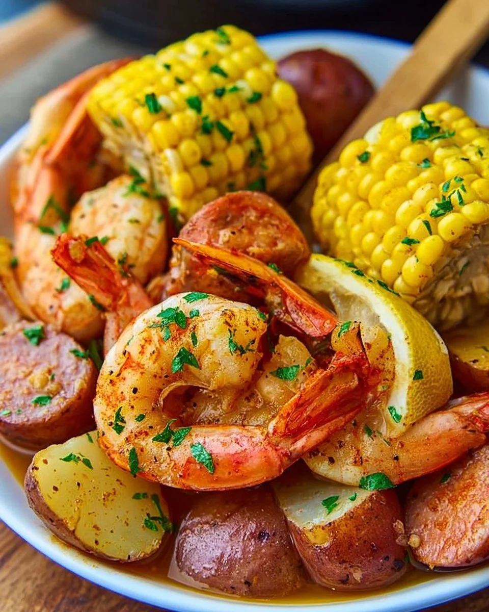 Delicious crockpot shrimp boil with shrimp, corn, and potatoes ready to serve.