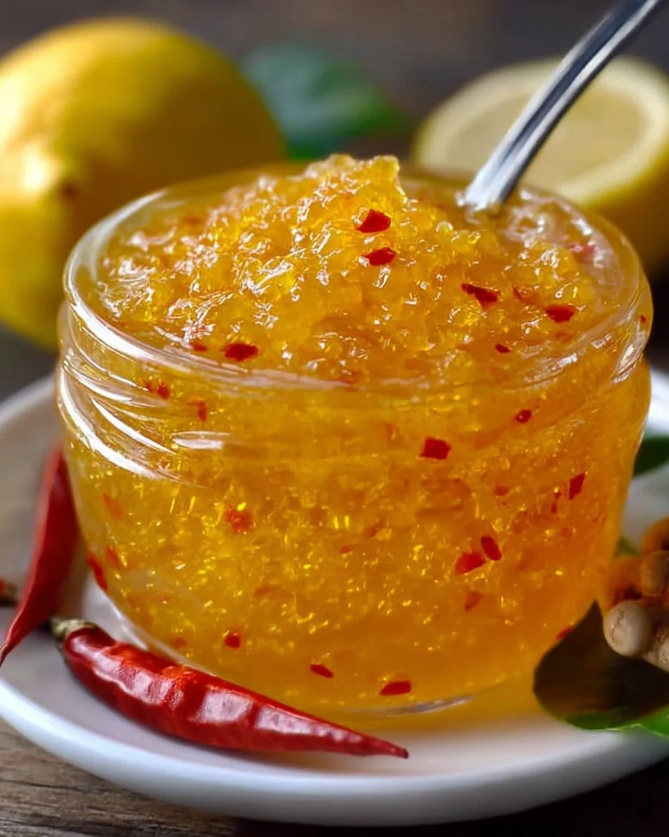 Jars of Lemon-Ginger Chili Sunshine Jam with fresh lemons and ginger on a wooden table.